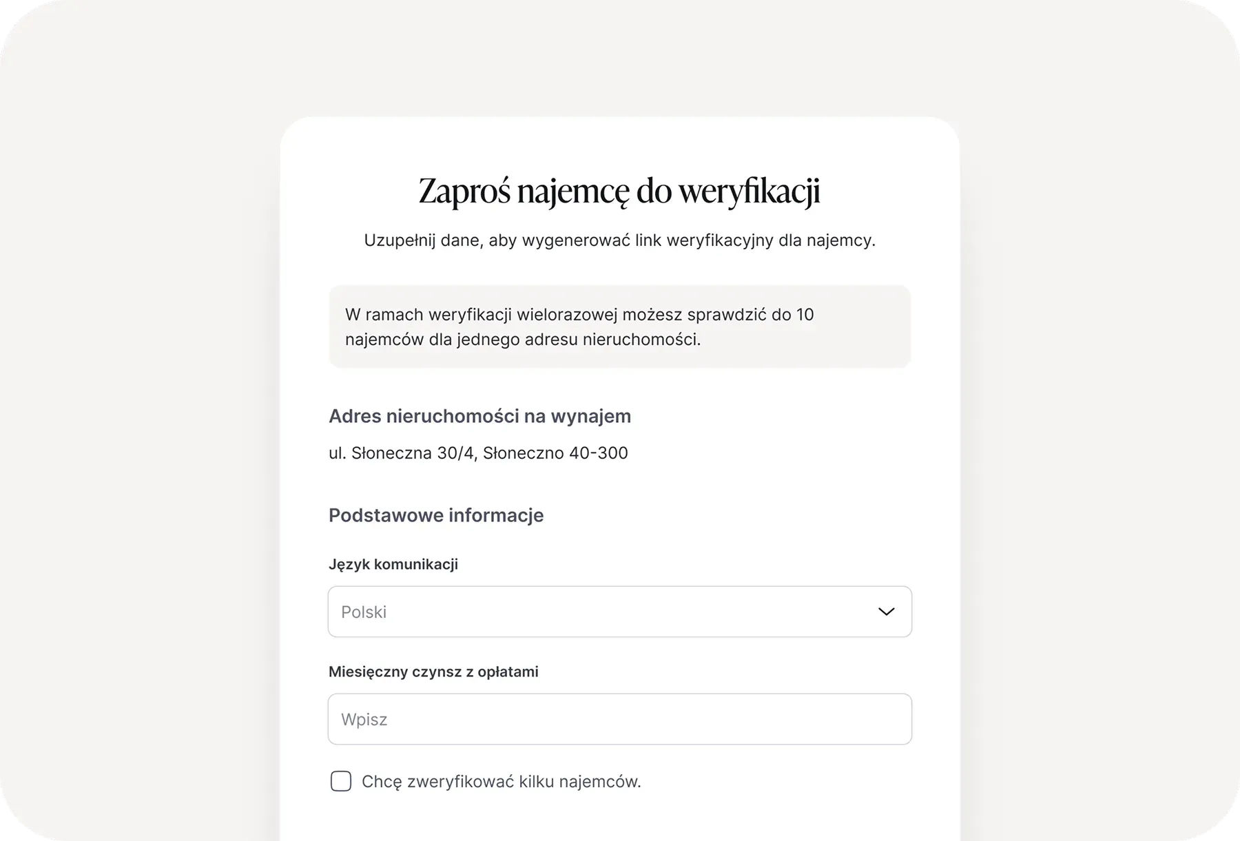Ekran aplikacji do zarządzania najmem z formularzem wysyłania zaproszenia do weryfikacji najemcy i opcją wysłania pliku z danymi